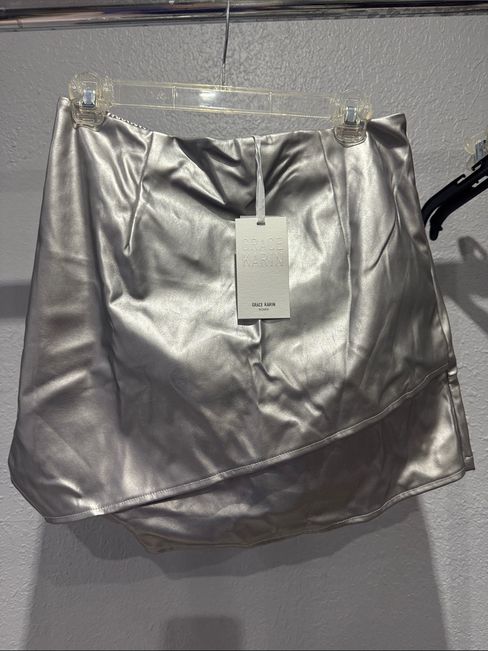 Grace Karin Metallic Silver Satin Mini Skort